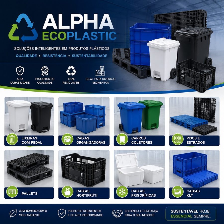 Composição de pallets, caixas plásticas, pisos e lixeiras da Alpha EcoPlastic